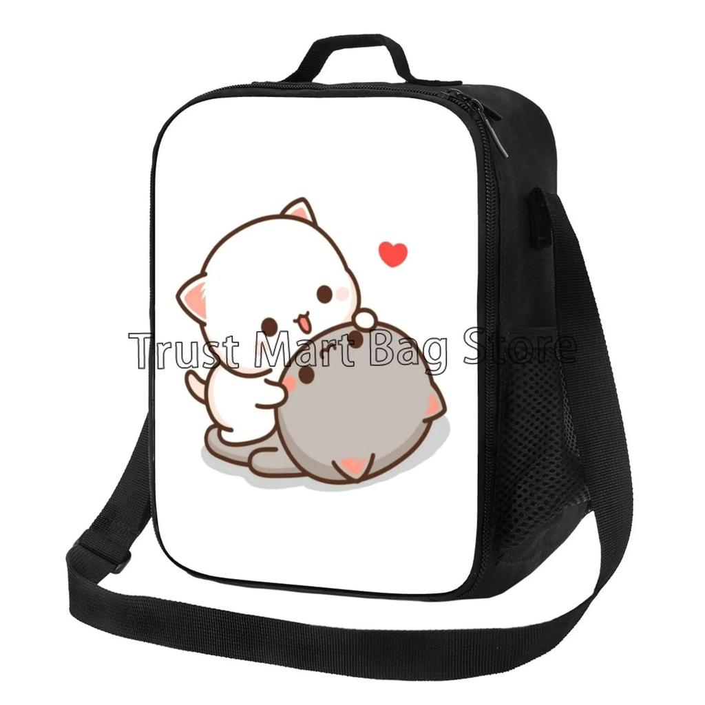 Cartoon Peach and Goma Mochi Cat Insulated Lunch Bag Resuable Leakproof Cooler Thermal Bento Bag with Adjustable Shoulder Strap
