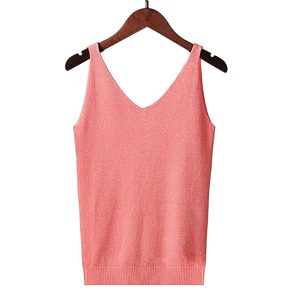 Women's Tank Top With Knitted Sequins Sexy Sleeveless V Neck Tank Top T-Shirt Casual Sequins Strappy T-Shirt Elegant Blouse