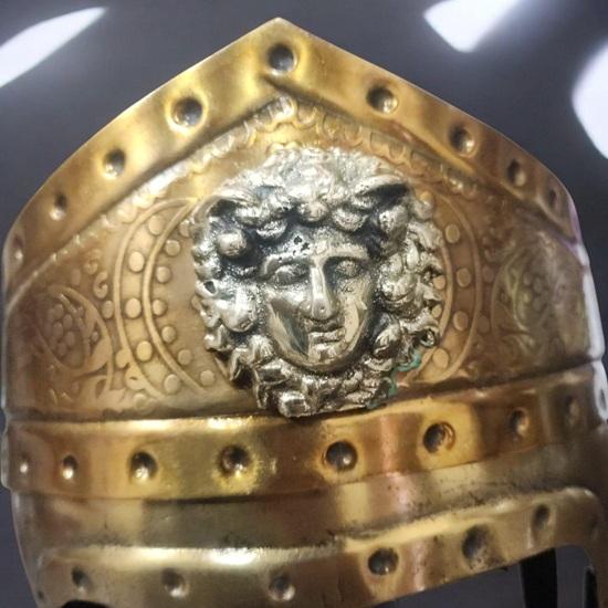 Roman Gladiator Helmet with Red Crest and Brass Queen Crest Handcrafted Medieval Warrior Armor