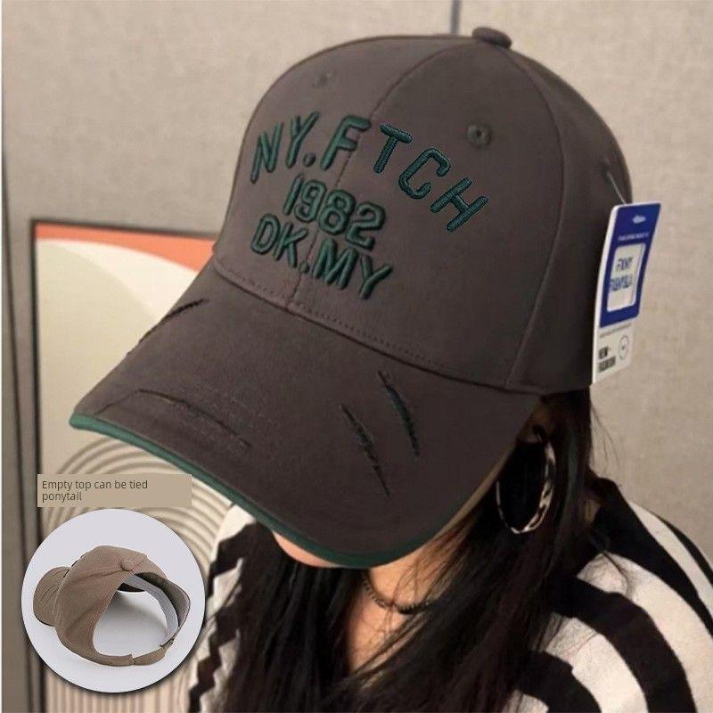 

K-style Ripped Letter Print Embroider Baseball Peaked Cap Female 2025 New Arrival Face-Looking Small Male plus Size Widened Casual Fashion Gray