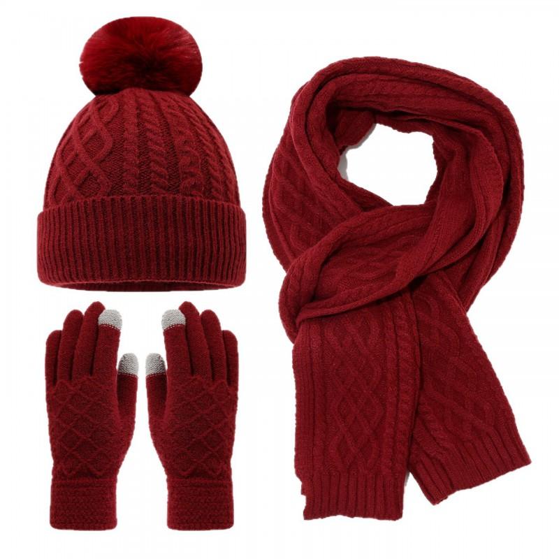 Womens Winter Knit Hat Scarf Gloves Set Warm Fleece Lined Ear Protection Outdoor Cycling Accessory