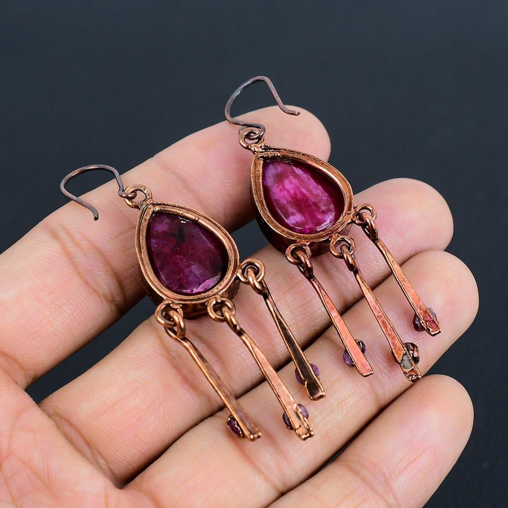 Cercei din Rubin Bijuterii cu Pietre Prețioase, Cercei Handmade Electroformați în Cupru, Bijuterii cu Design de Ultimă Oră