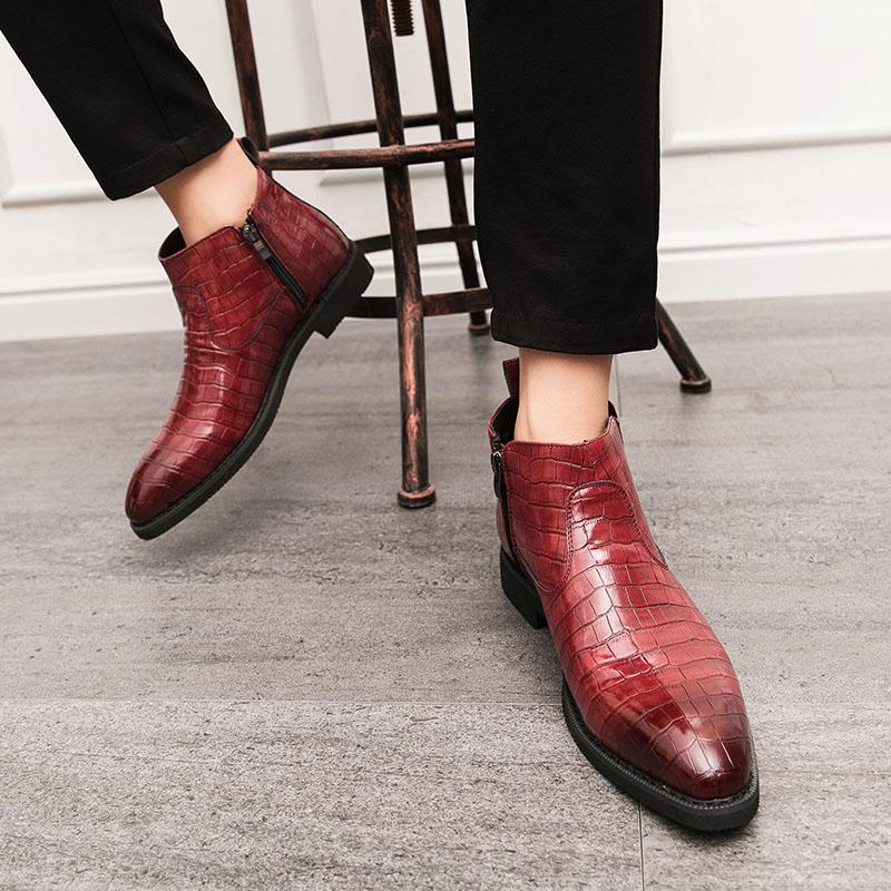 New Winter Fashion Chelsea Ankle Boots Men's Pointed Alligator Pattern Casual Shoes Luxury Designer High Tops Zapatos Hombre