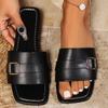 Fashion Fashion Buckle Decor Summer Slippers Women Sqaure Toe Comfort Flat Sandals for Woman Black Pu Leather Beach Slides Plus Size