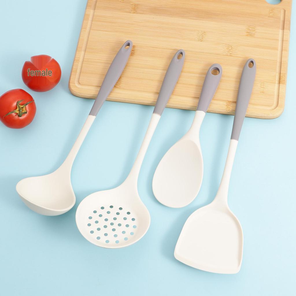Gray & White Silicone Cooking Utensil Set: Spatula, Wok Spatula, Soup Ladle, Rice Spoon, Skimmer - Heat Resistant.