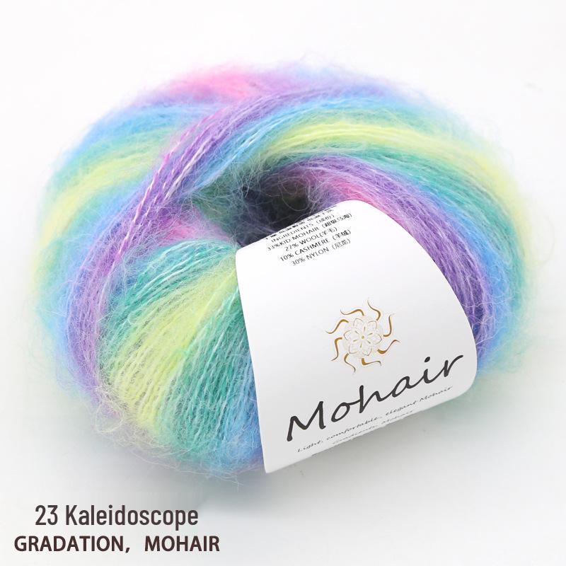 Barevná přechodová 25g příze z mohéru pro DIY pletení svetrů a šálů, barvená po částech pro jedinečný vzhled.