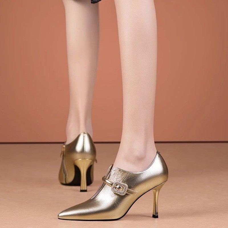 Crystal Buckle One Slip Slip Slim Heel Single Shoes Autumn New Pointed Toe Deep Mouth Non-slip High Heels