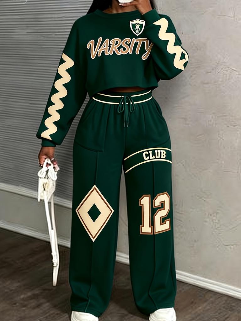 Retro americano, tuta sportiva con lettere per donna, maniche a spalla, maglione corto + pantaloni della tuta, set casual due pezzi.
