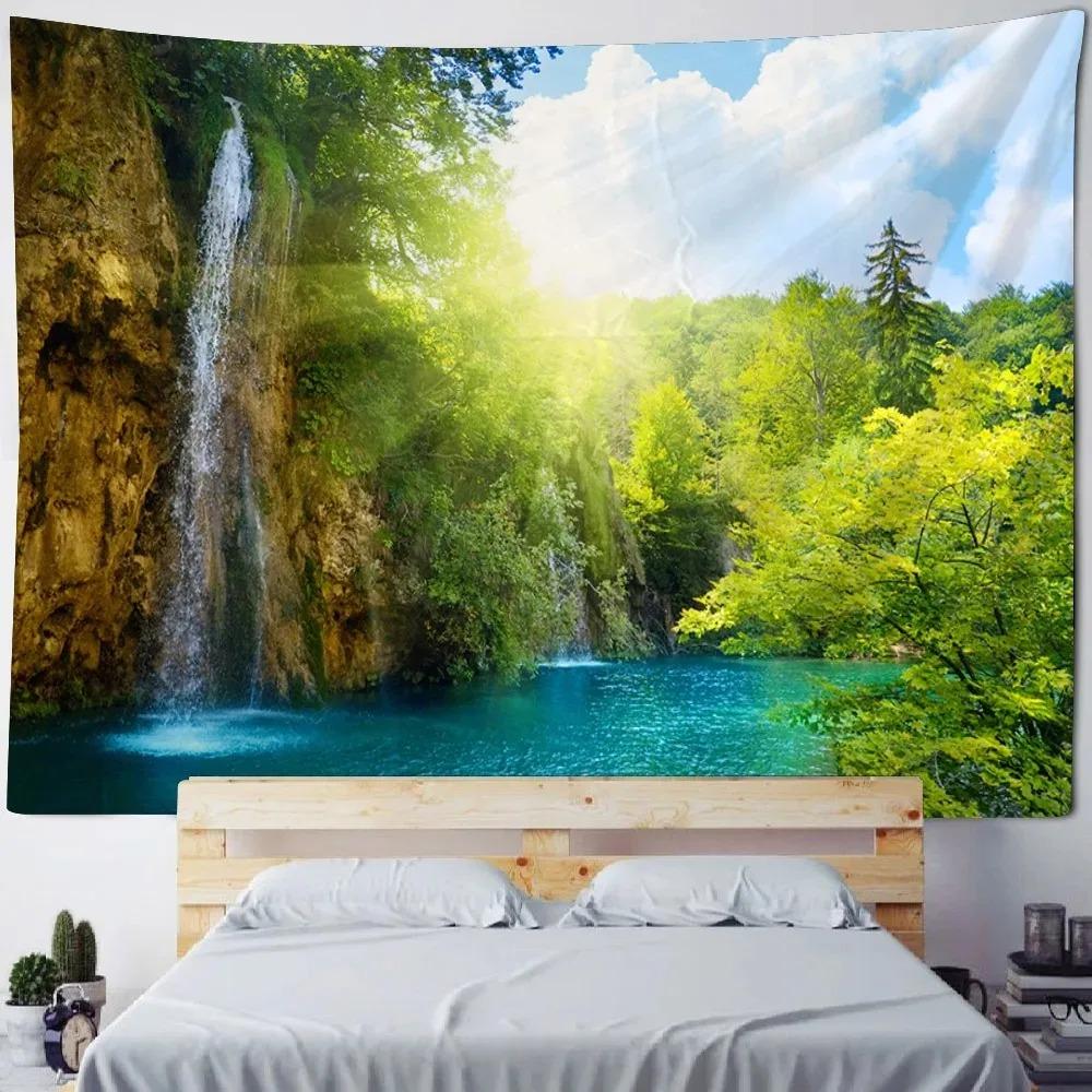 Waterfall Canyon Nature Tapestry  Serene Landscape Polyester Wall Hanging for Bedroom Living Room Yoga Decor