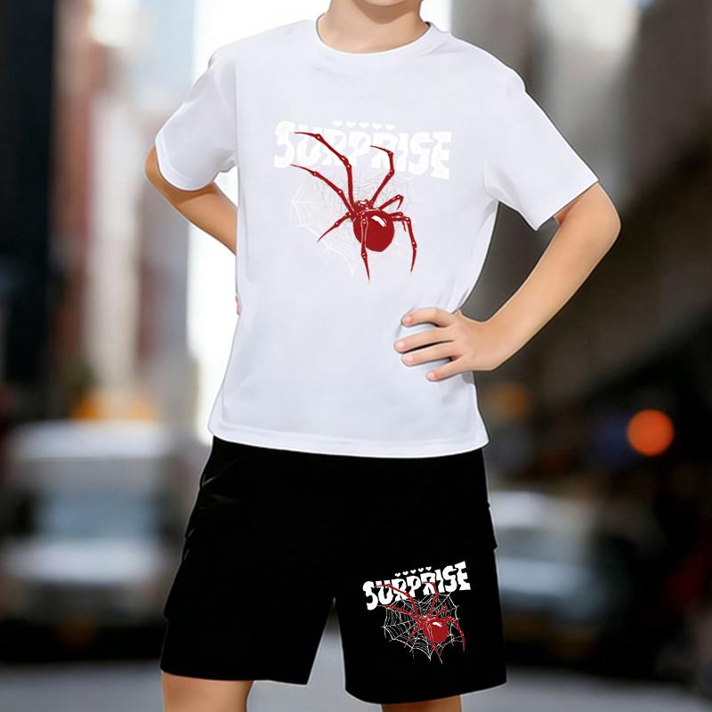 

Boys 2 Piece Cartoon spider printed Outfit, Short Sleeve T-Shirt and Shorts Set for Kids Age 5-14,Black and White Sporty Casual Summer Clothes 13-14 Years білий
