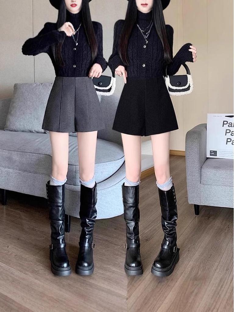 Women's High-Waisted Wide-Leg Tweed Retro Shorts, Gray - Autumn/Winter Casual Slimming Pants