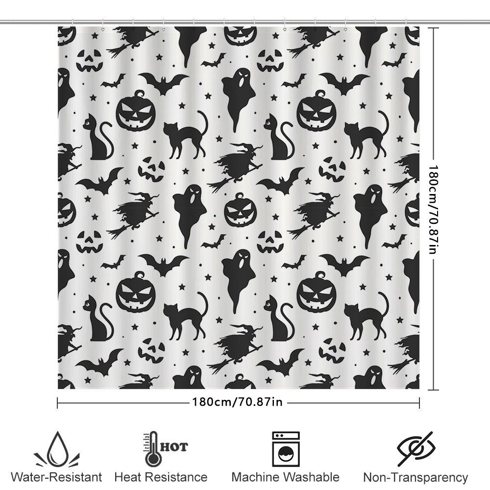 Halloween Dekor Duschvorhang Set Schwarz und Weiß Hexe Katze Kürbis Geister Fledermäuse Halloween Muster Polyester Wasserdicht Waschbar