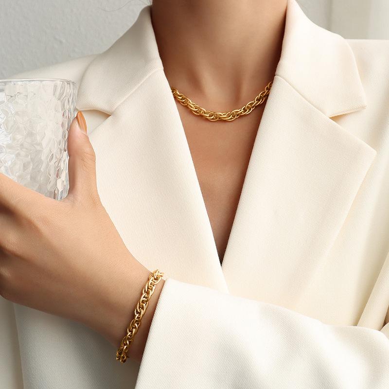 Italian Woven Chain Hip-Hop Style Necklace & Bracelet Set - Women's Handmade Titanium Steel Jewelry