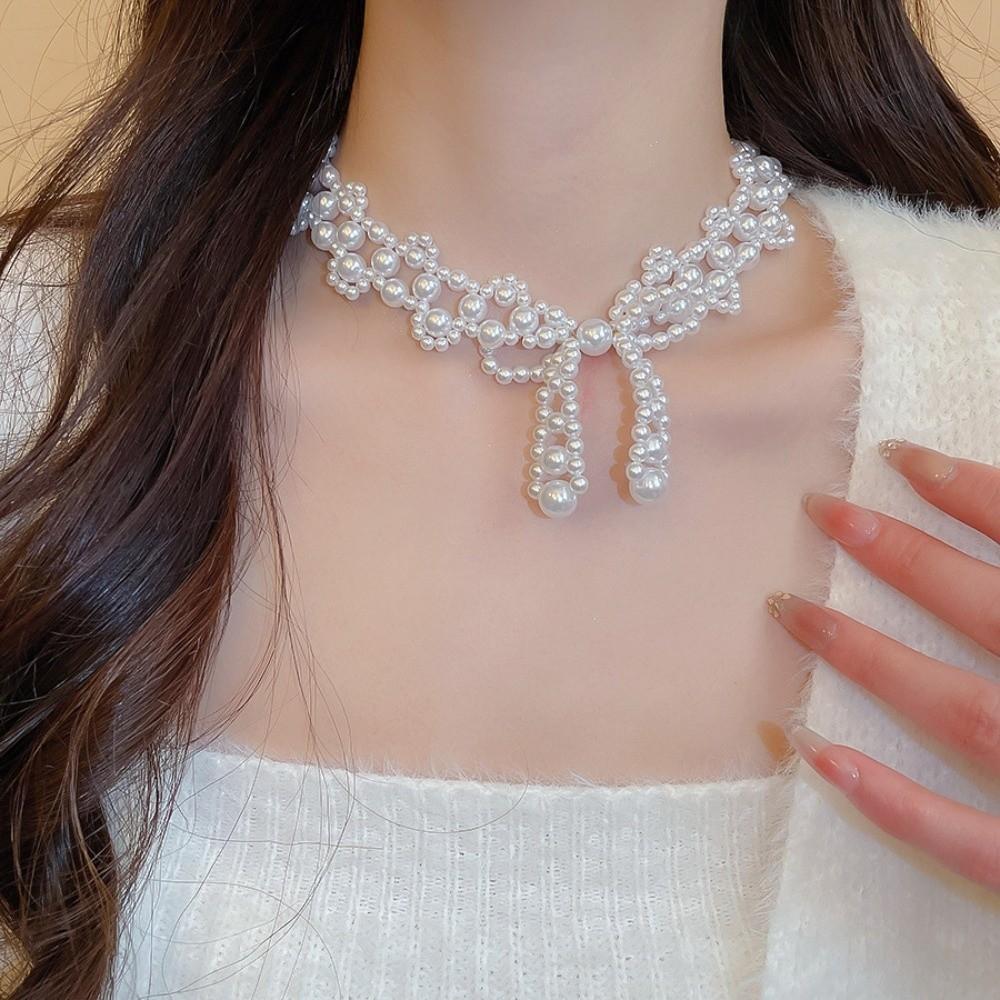 Imitation Pearl Clavicle Chain Women Bead Collarbone Chain Fashion Bow Necklace  Girls