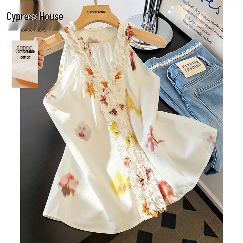 Women s Pure Cotton Printed Halter Ruffle Sleeveless Blouse S белый