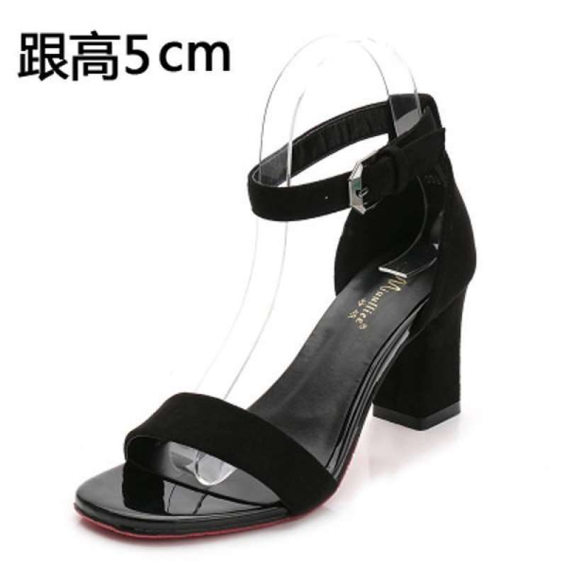 Flat heel black sandals women's summer flat bottom medium heel low heel versatile 2025 new one-word buckle pearl thick heel women's shoes