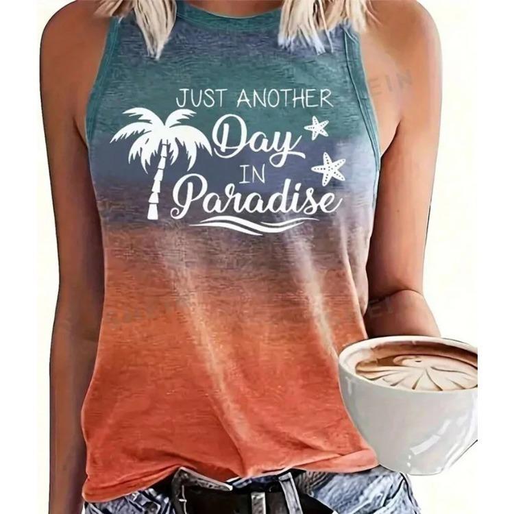 Women's Sleeveless Round-neck Vests Fashionable Coconut Tree Pattern Printed Summer Street Fashion Outdoor Beach Casual Wear