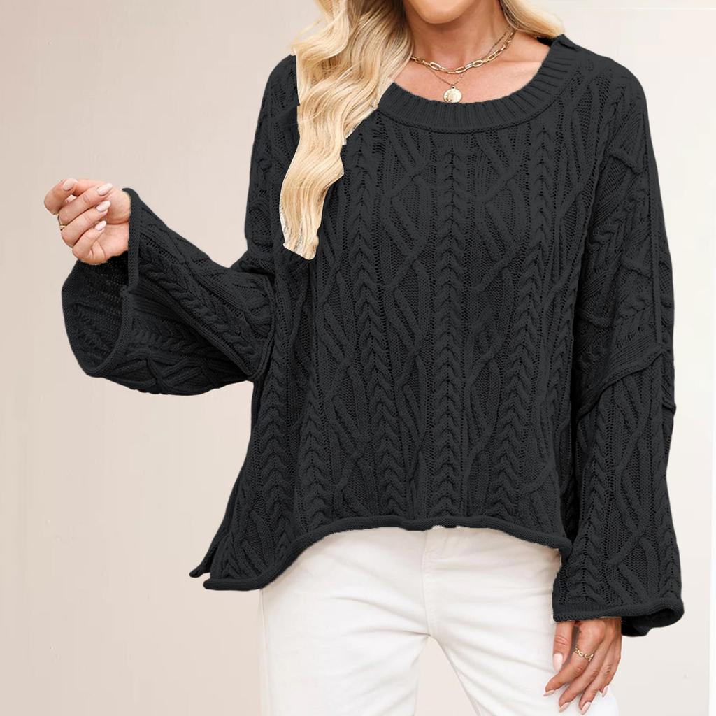 Women's Short Cable-Knit Loose Solid Color Knitted Round Neck Long Sleeve Sweater