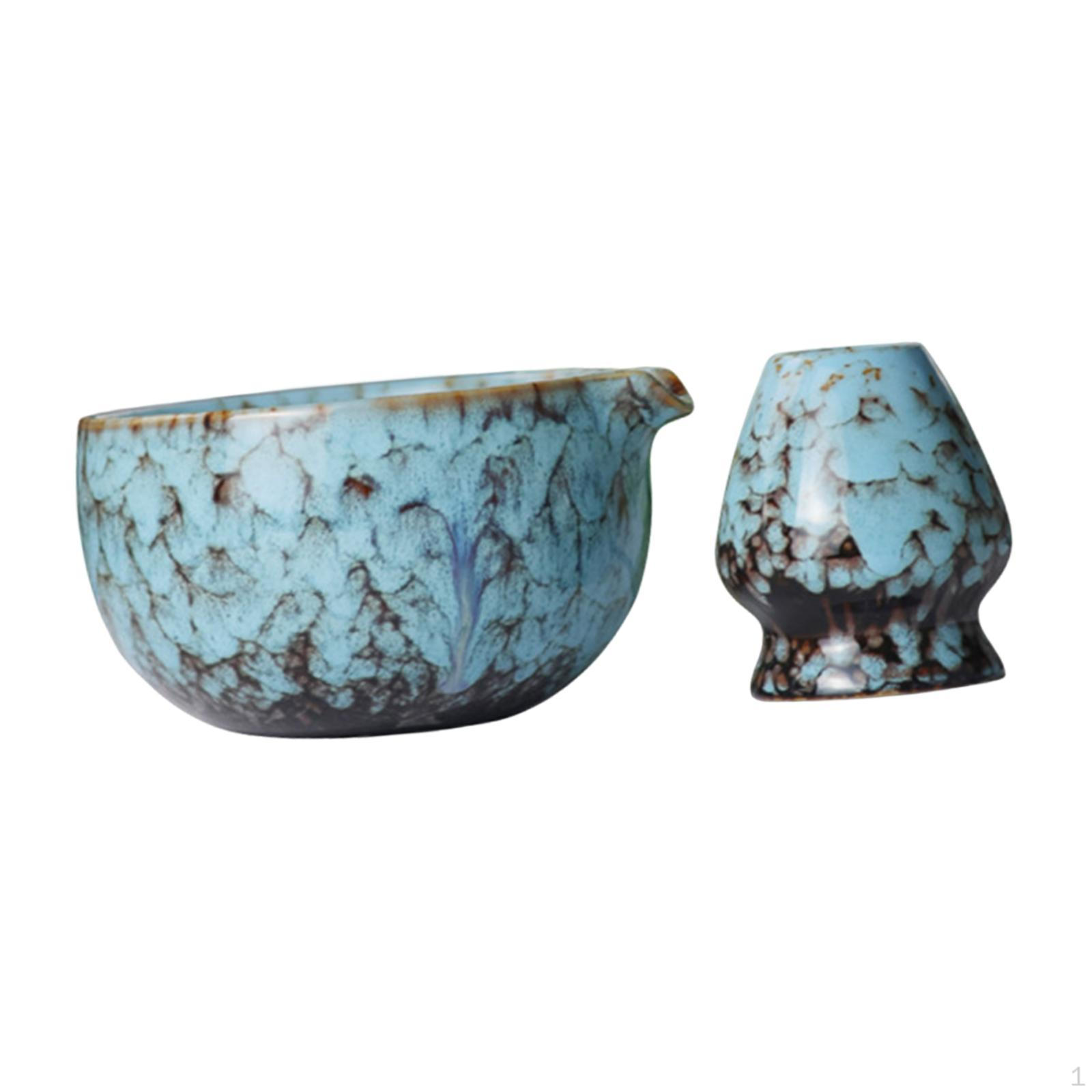 

Ceramic Matcha Bowl Handmade Accessories Gift Tea Ceremony with Spout Whisk Holder синій