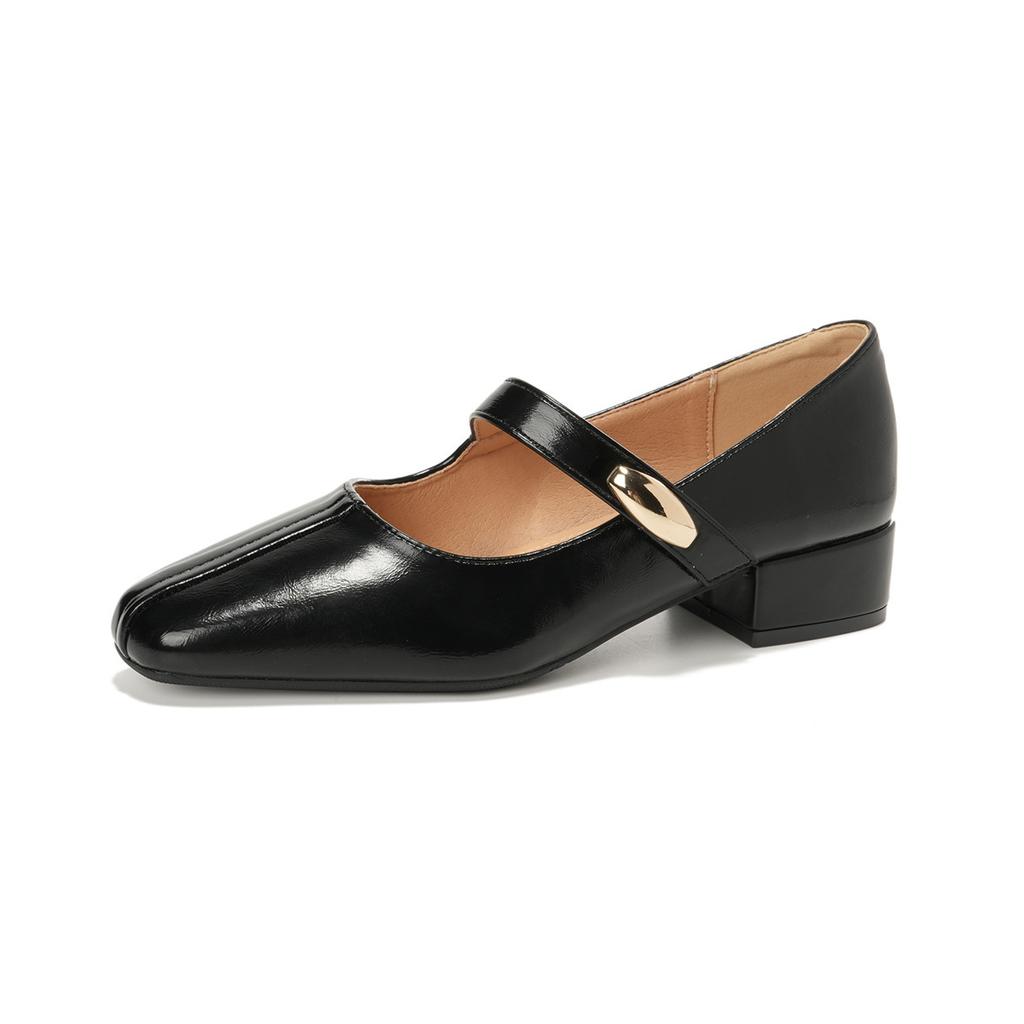 French square head lazy person with one pedal, shallow mouth commuting single shoes, minimalist style, small golden beans with thick heels, Mary Jane