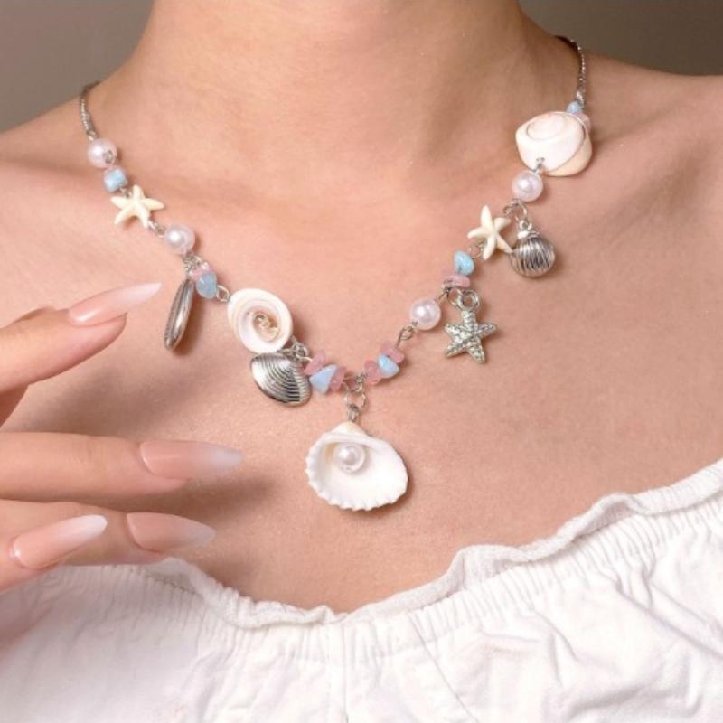 Boho Beach Shell Starfish Necklace - Pearl & Aquamarine Beaded Coastal Jewelry for Women