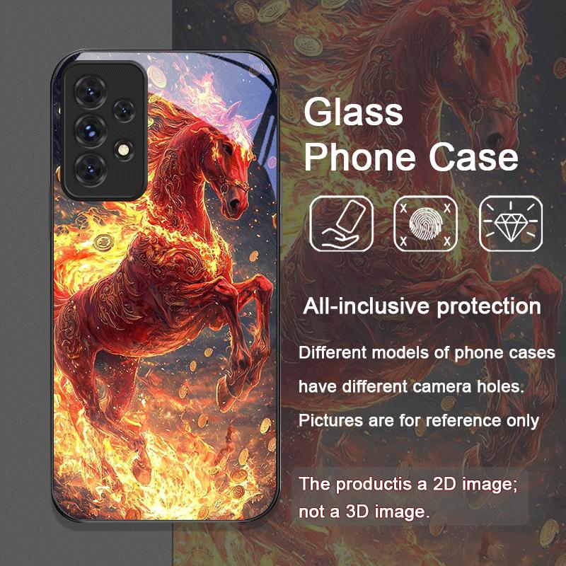 Stylish Chinese-Style Red Horse Print Tempered Glass Phone Case for Samsung Galaxy A56 A17 A55 A54 A53 A52 A36 A14 A31 A51 Cover