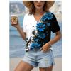 Summer V-neck 3D Floral Printed Top Fashionable Casual Asymmetrical Short Sleeved Women's T-shirts