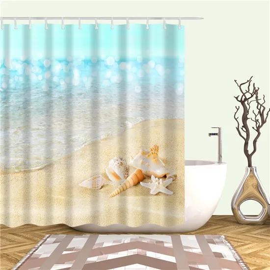 Nordischer Stil Meereslandschaft Strandmuschel Duschvorhänge Badezimmervorhang Stoff Wasserdicht Polyester Badvorhang mit Haken
