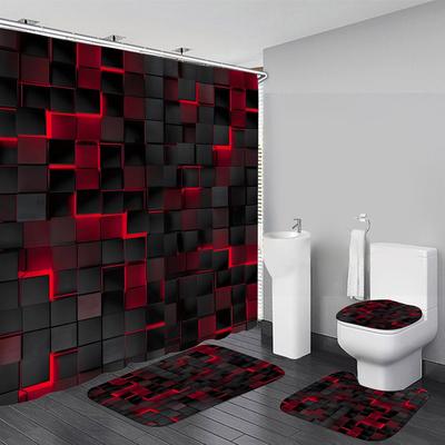 Tenda Doccia Arte Geometrico Visivo 3D a Griglia Rossa Tessuto Lavabile Poliestere Per Vasca da Bagno Decorazione Bagno Con Ganci Impermeabile