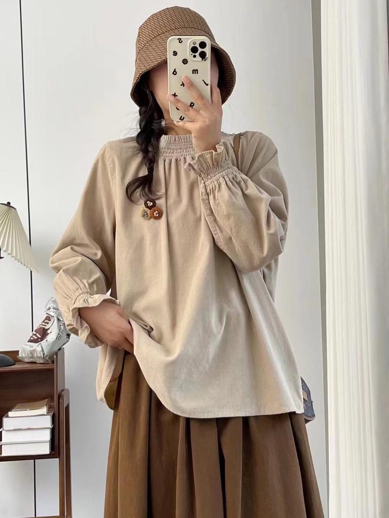 Johnature Casual Elasticated Corduroy Top Women Japanese Forest Balloon Sleeve Shirt Autumn Winter