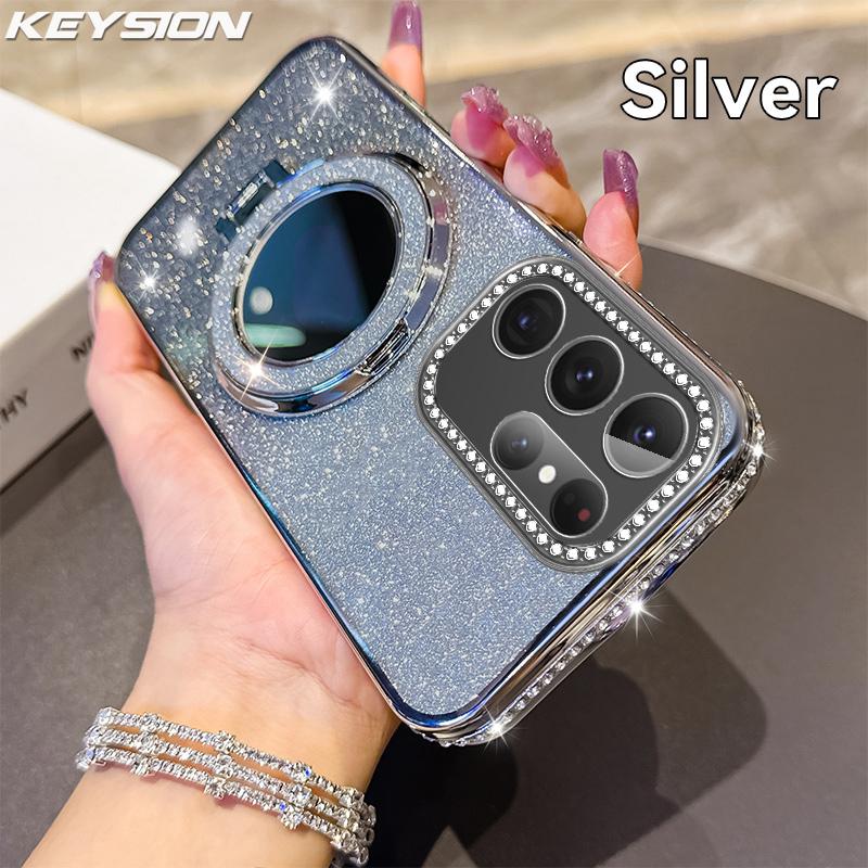 KEYSION Glitter Jewelled Magnetic Phone Case for Samsung Galaxy S25 Ultra 5G S24+ Plus S23 FE Makeup Mirror Stand Shockproof Cover