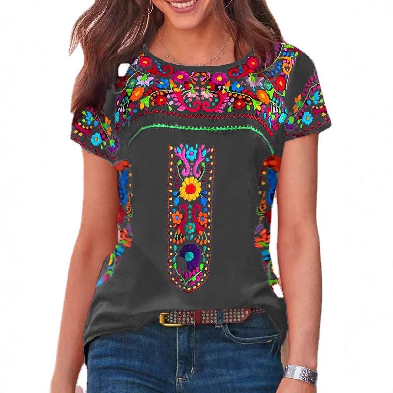 2022 Bohemian Print Women's Round Neck Short Sleeve T-shirt