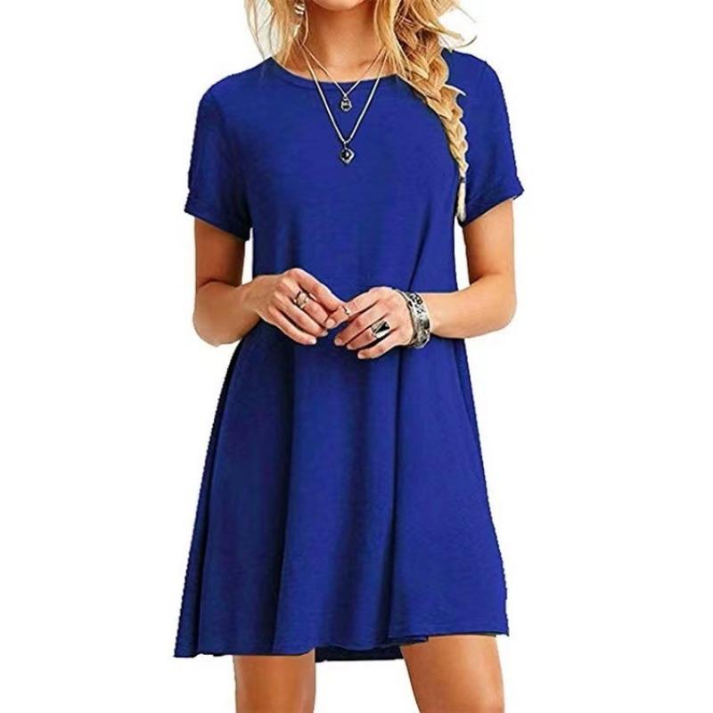 Women's Fashion Summer Spring Solid Color Print Short Sleeve O-Neck Casual Dresses