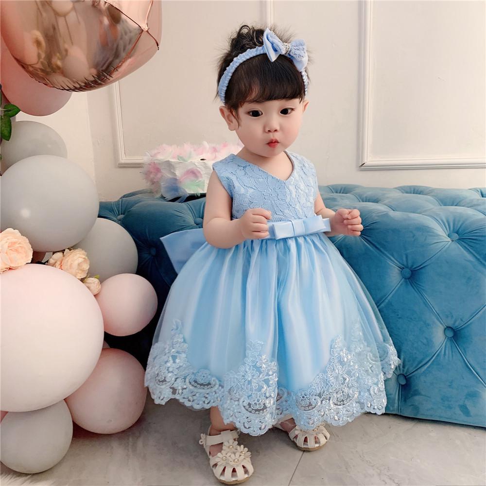 Children's Lace Color Block Birthday Bow Dress