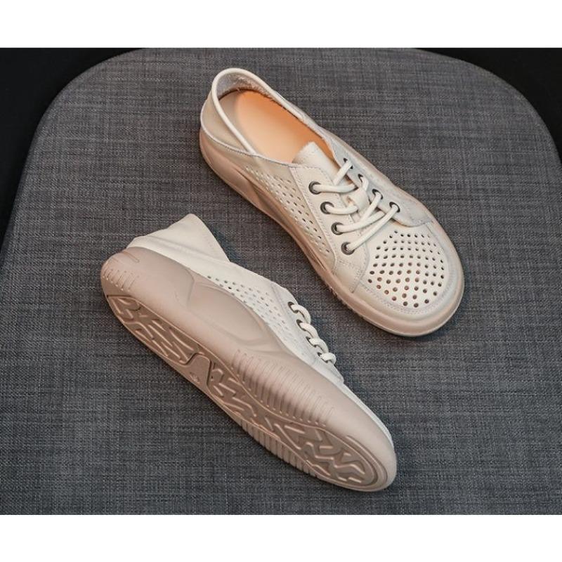 Perforated Breathable Sneaker Sandals for Women, White Sneakers, Summer Thin Lace-up with Sponge Soles, Casual Shoes