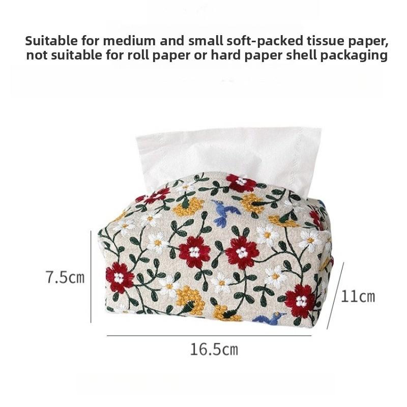 1pcs Floral Embroidered Fabric Tissue Box Decorative Desktop Tissue Organizer for Home Bedroom & Living Room