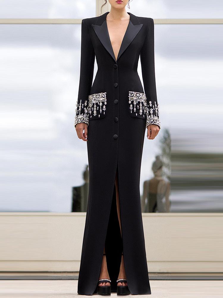 2026 European & American Star Fashion Beaded Rhinestone Lapel Mermaid Evening Gown