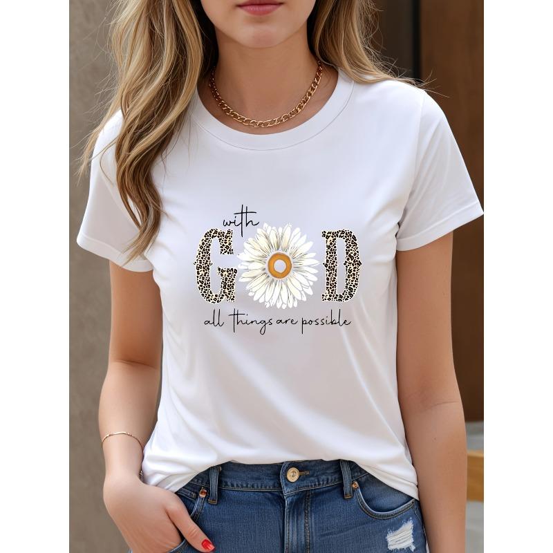 European Size Women'S Short Sleeve - "with GOD All Things Are Possible" Golden Lettering & Leopard Print Design, Round Neck Casual Top