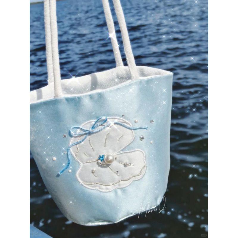 

Niche Design Blue Shell Embroidery Bucket Bag Bow Canvas Bag Large Capacity All-Match Shoulder Tote Bag Light Blue