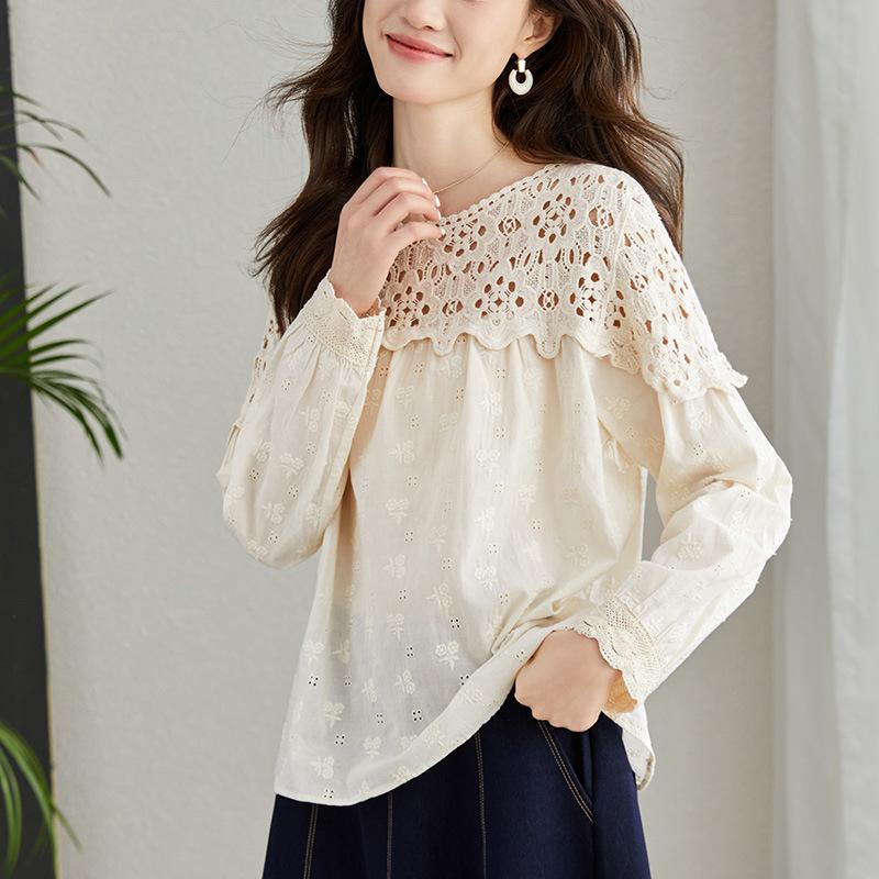 Apricot Embroidered Shirt for Women Long-sleeved Autumn Clothes New Lace Hollow Top Pure Cotton Embroidered Shirt