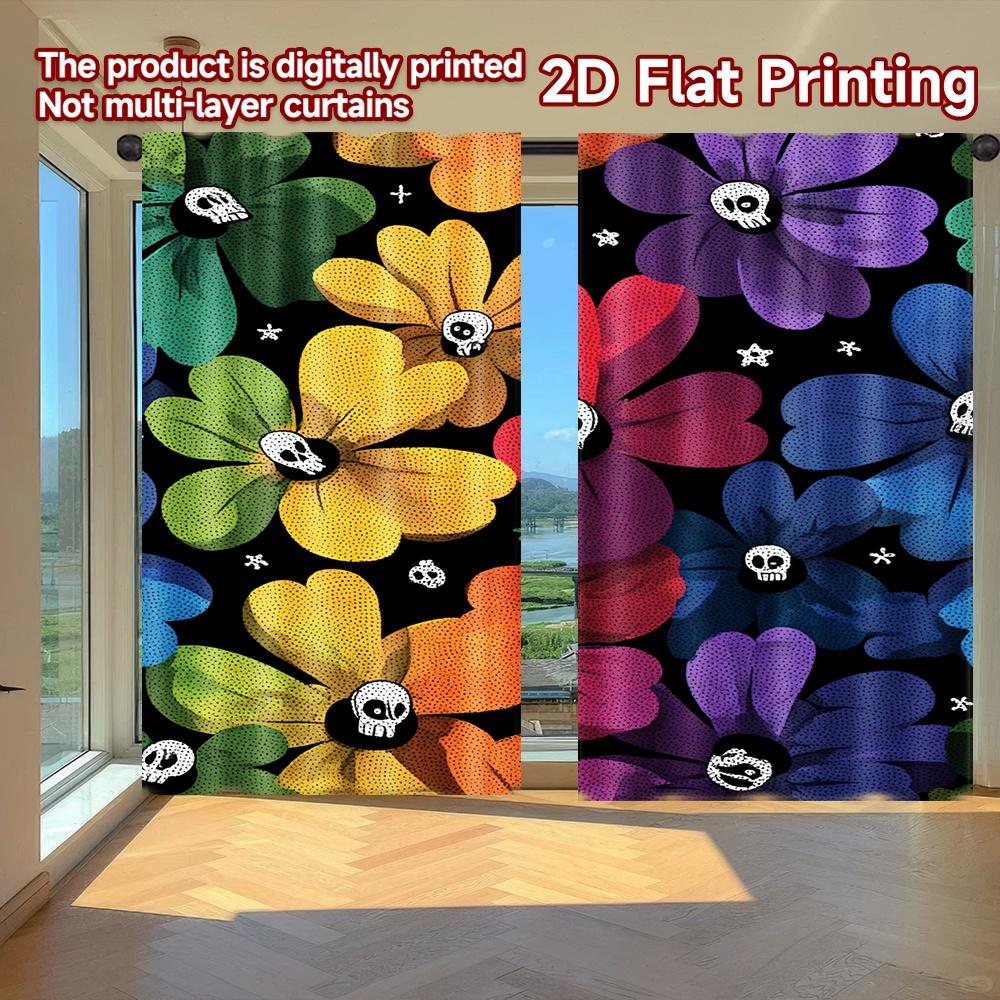 

Set Of 2 Flat Printing Curtains Without Rod Halloween Flower Skulls Pattern Saint Patrick Is Day Festival Fashion Curtain Made Polyester W100*H70(CM)-Hooks&1PCS