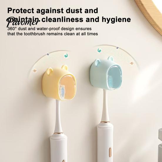 Waterproof Brush Holder Cute Bear Wall Mounted Toothbrush with Dustproof Flip Cover, Single Bathroom Decor Dispenser Storage Organizer, Drill-free