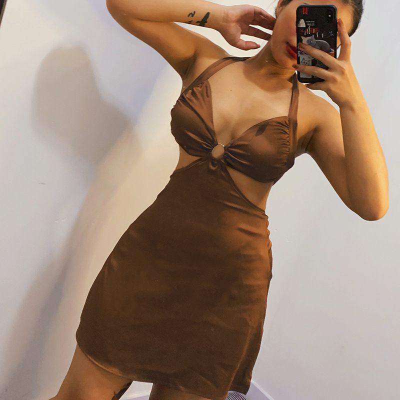 

Сексуальное платье без бретелек на подтяжках с высокой талией, наряд с открытым животом, платье с высокой талией Brown L