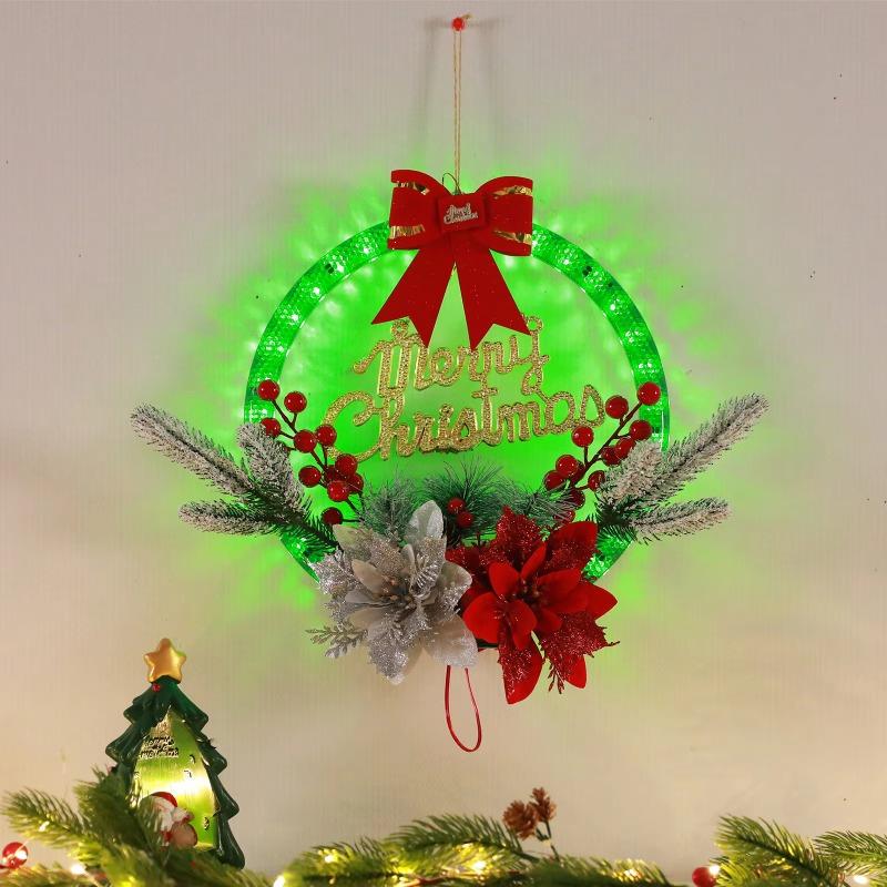 LED Lighted Christmas Wreath Decor, Festive Hanging Ornament for Window Display, Party Atmosphere Decoration Props