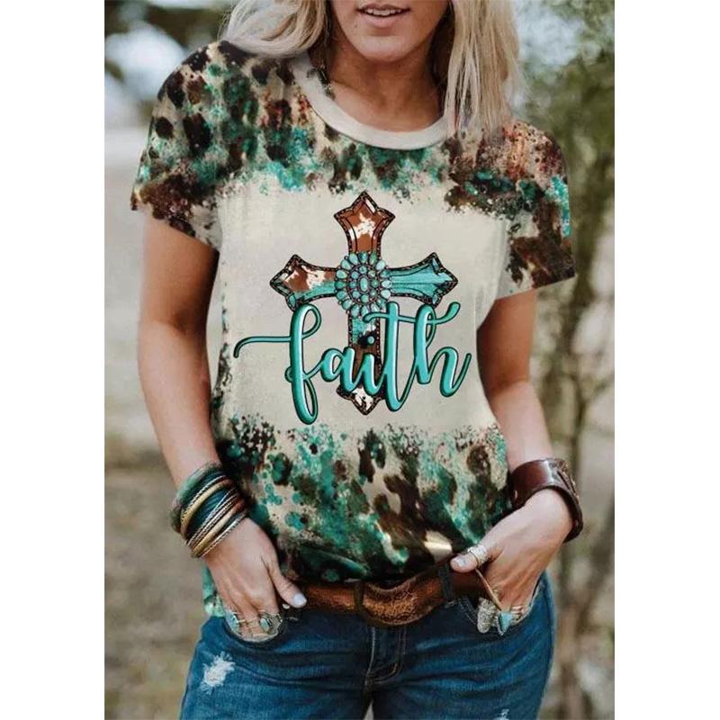 Jesus Cross Leopard 3d Print T-shirt Women Streetwear Short Sleeve T Shirts Harajuku Oversized Y2k Tops Tees Female Clothing