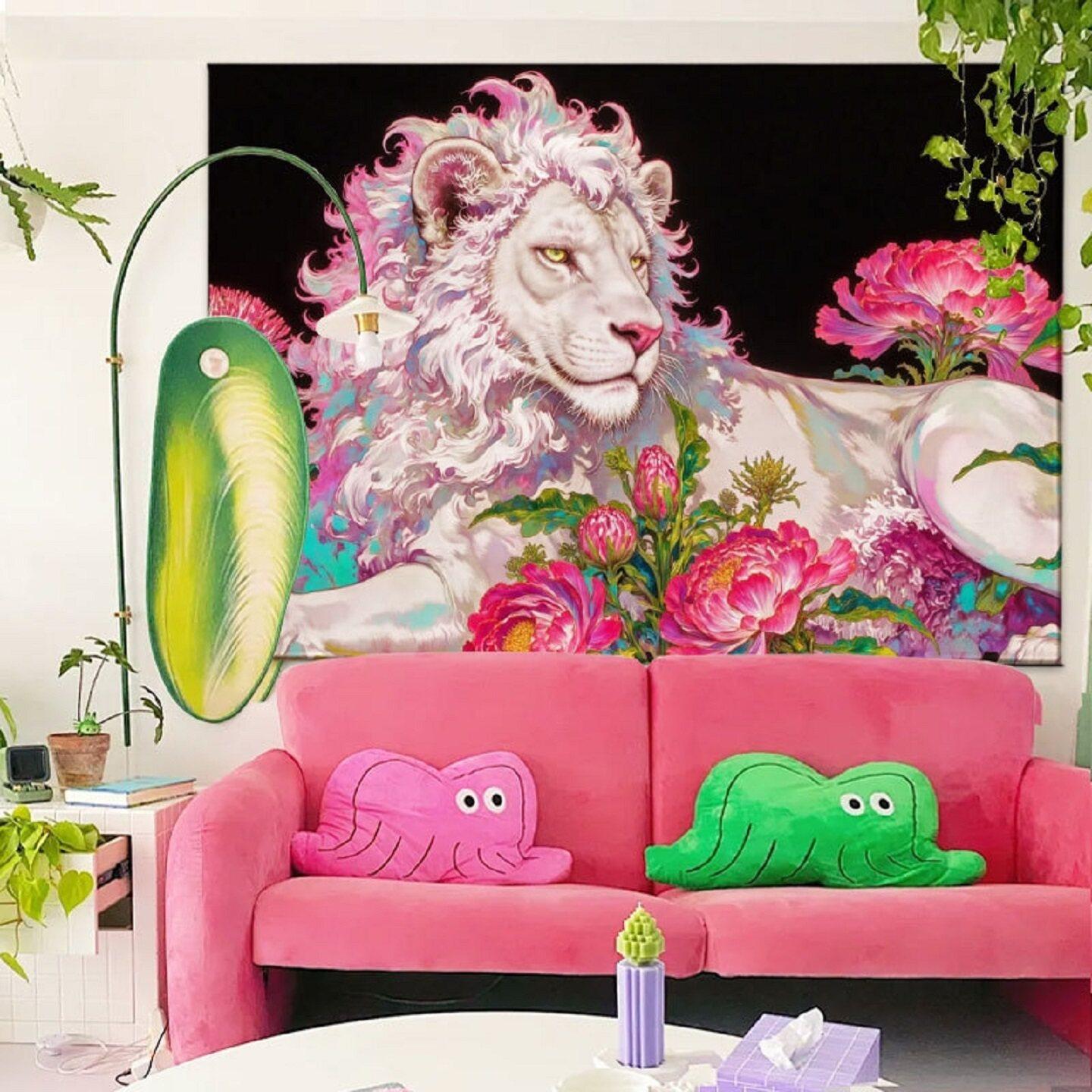Luxury Colorful Abstract Tiger And Flowers Artwork Horizontal Decorative Tapestry for Living Room Wall Hanging 100X70CM