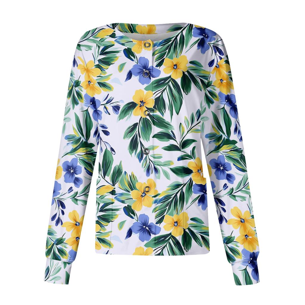 Women's Long Sleeve Button Front Floral Print Medical Scrub Top Lightweight Comfortable Fit Nursing Uniform Shirt