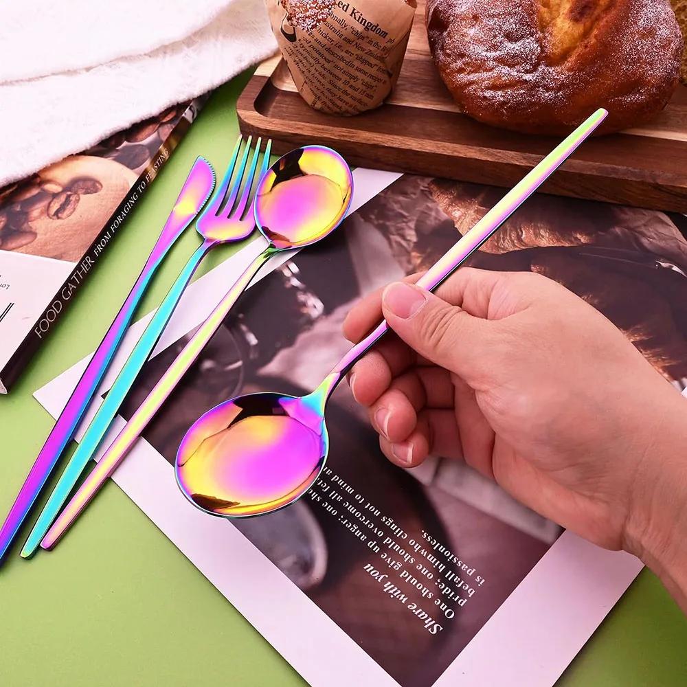 16 stk Rainbow Bestikk Bestikksett i rustfritt stål Kniv Kakegaffel Skje Middagsbestikk Kjøkken Sølvbestikk Bestikk