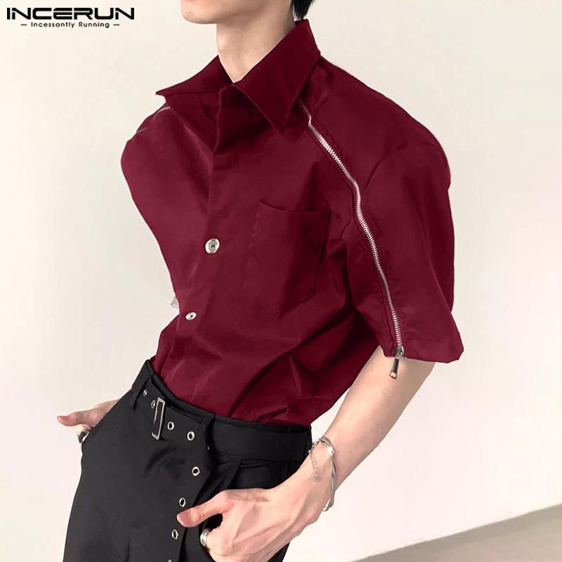 INCERUN Bărbați de vară cu mânecă scurtă și fermoar, casual, supradimensionat, lejer, cargo topuri