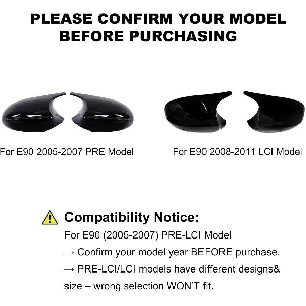 Door Side Mirror Covers Mirror Caps For Cars Rear View Cap For 3-Series E90 E92 E93 Sedan Pre-LCI 2005-2007 (Glossy Black)